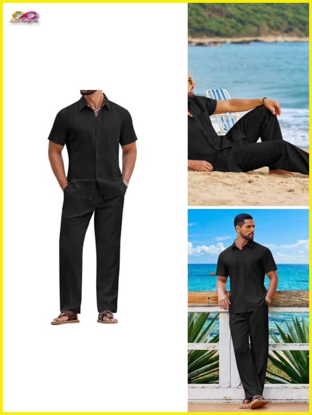 Men's 2 Piece Set Short Sleeve Button Down Shirt Loose Pants Beach Outfit